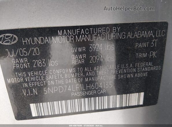 5NPD74LF1LH604135 2020 HYUNDAI ELANTRA Silver Widok komory silnika