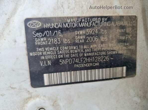 5NPD74LF2HH128226 2017 HYUNDAI ELANTRA White ძრავის განყოფილების ხედი