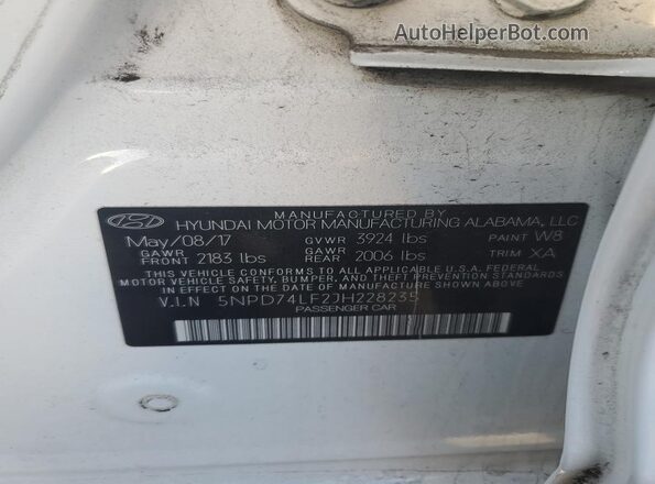 5NPD74LF2JH228235 2018 HYUNDAI ELANTRA White VIN կոդի պիտակի տեսք
