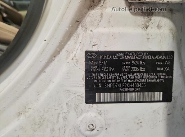 5NPD74LF2KH480455 2019 HYUNDAI ELANTRA White Vista del compartimento del motor