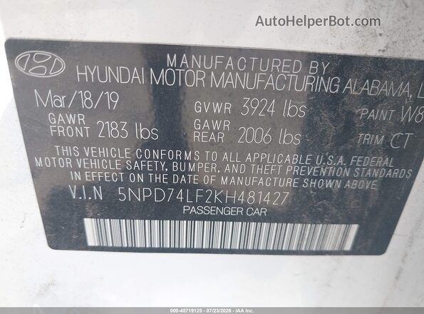 5NPD74LF2KH481427 2019 HYUNDAI ELANTRA White Widok komory silnika