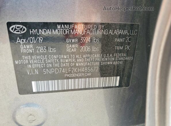 5NPD74LF2KH485672 2019 HYUNDAI ELANTRA Gray ძრავის განყოფილების ხედი