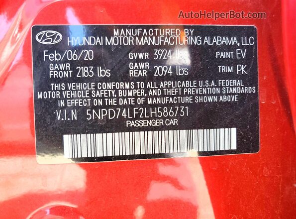 5NPD74LF2LH586731 2020 HYUNDAI ELANTRA Красный Вид наклейки с VIN-кодом