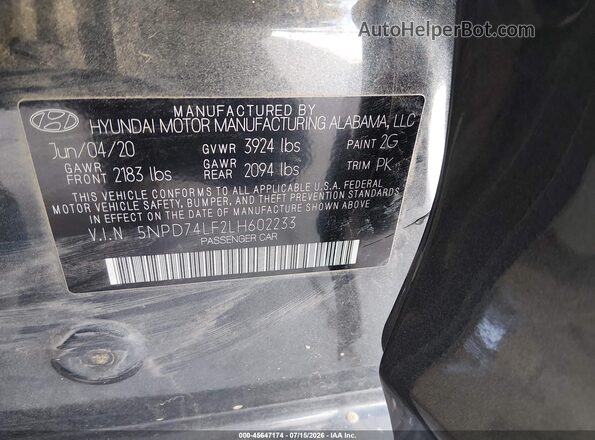5NPD74LF2LH602233 2020 HYUNDAI ELANTRA Gray Engine compartment view