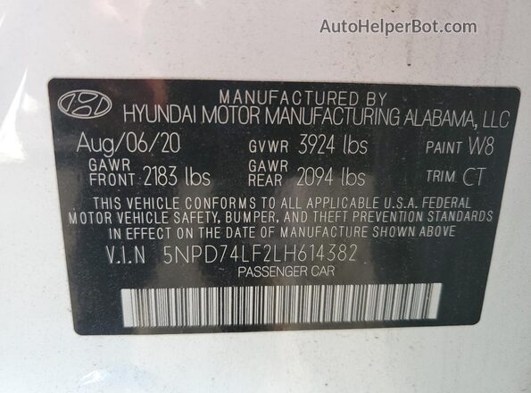 5NPD74LF2LH614382 2020 HYUNDAI ELANTRA White VIN sticker view