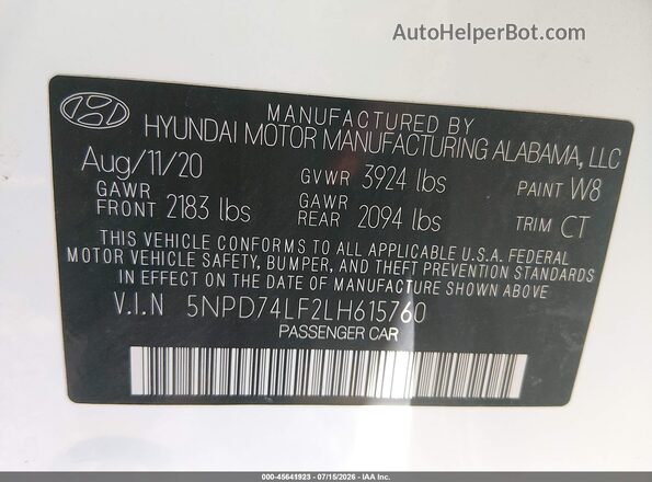 5NPD74LF2LH615760 2020 HYUNDAI ELANTRA White Вид підкапотного простору