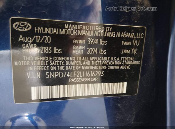 5NPD74LF2LH616293 2020 HYUNDAI ELANTRA  Вид подкапотного пространства