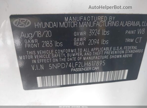 5NPD74LF2LH617895 2020 HYUNDAI ELANTRA White Engine compartment view