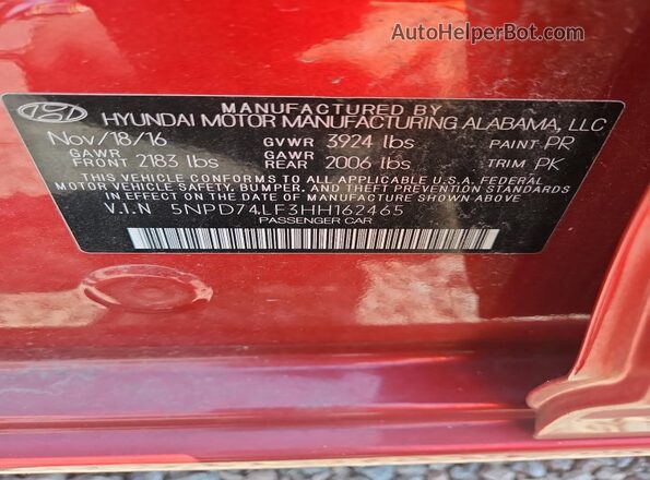 5NPD74LF3HH162465 2017 HYUNDAI ELANTRA Red ძრავის განყოფილების ხედი