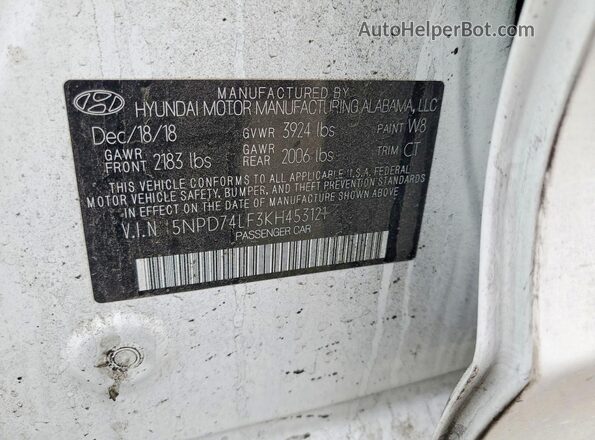 5NPD74LF3KH453121 2019 HYUNDAI ELANTRA Белый Вид наклейки с VIN-кодом