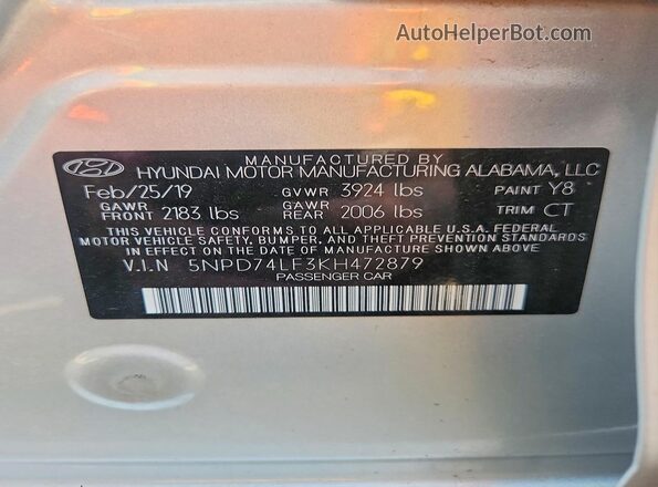 5NPD74LF3KH472879 2019 HYUNDAI ELANTRA Silver Widok komory silnika