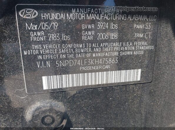 5NPD74LF3KH475863 2019 HYUNDAI ELANTRA Черный Вид подкапотного пространства