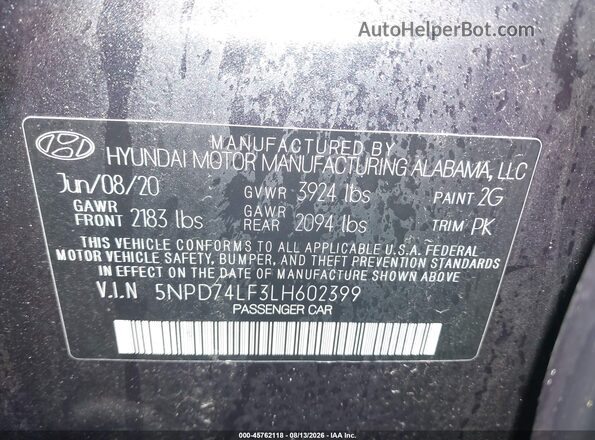 5NPD74LF3LH602399 2020 HYUNDAI ELANTRA Gray Вид підкапотного простору
