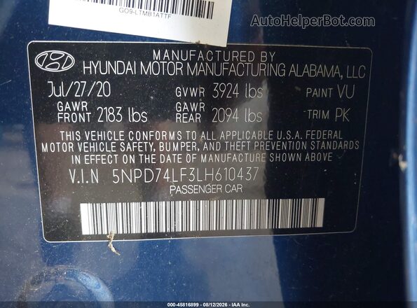 5NPD74LF3LH610437 2020 HYUNDAI ELANTRA Blue ძრავის განყოფილების ხედი