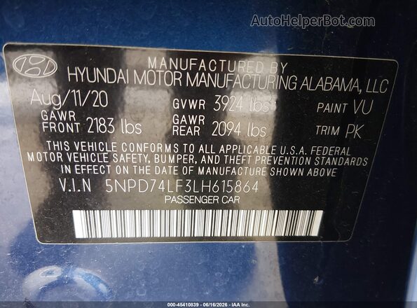 5NPD74LF3LH615864 2020 HYUNDAI ELANTRA Blue Engine compartment view