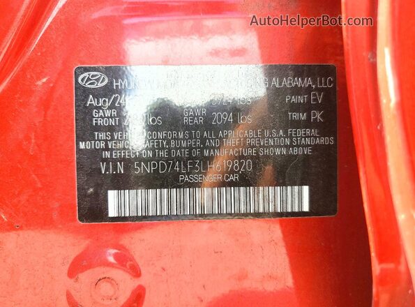 5NPD74LF3LH619820 2020 HYUNDAI ELANTRA Red Engine compartment view