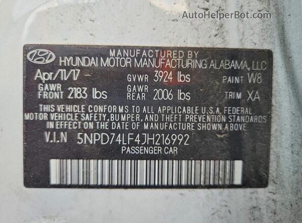 5NPD74LF4JH216992 2018 HYUNDAI ELANTRA Белый Вид подкапотного пространства