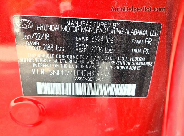 5NPD74LF4JH314436 2018 HYUNDAI ELANTRA Red Engine compartment view