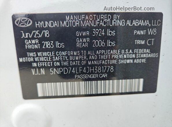 5NPD74LF4JH381778 2018 HYUNDAI ELANTRA White ძრავის განყოფილების ხედი