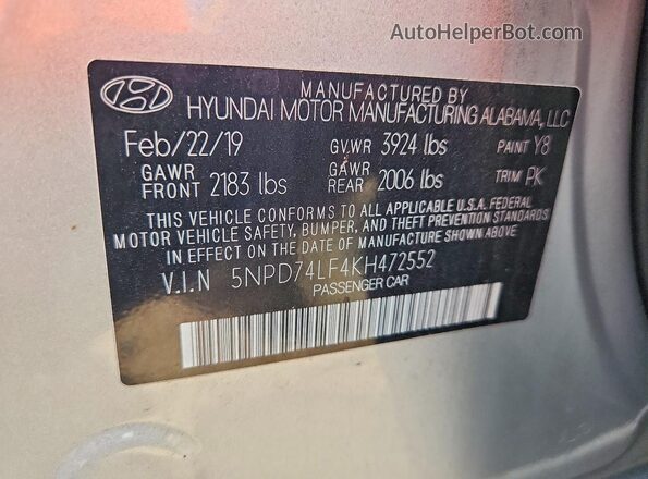 5NPD74LF4KH472552 2019 HYUNDAI ELANTRA Silver Vista de la etiqueta del VIN