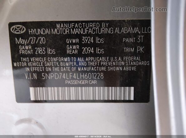 5NPD74LF4LH601228 2020 HYUNDAI ELANTRA Silver Vista del compartimento del motor