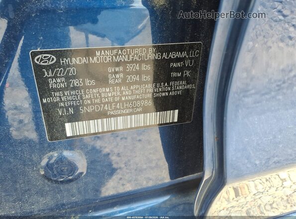 5NPD74LF4LH608986 2020 HYUNDAI ELANTRA Blue Вид підкапотного простору