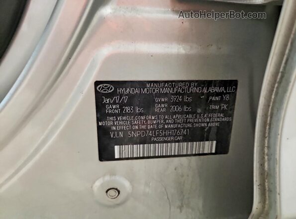 5NPD74LF5HH176741 2017 HYUNDAI ELANTRA Silver Vista de la etiqueta del VIN