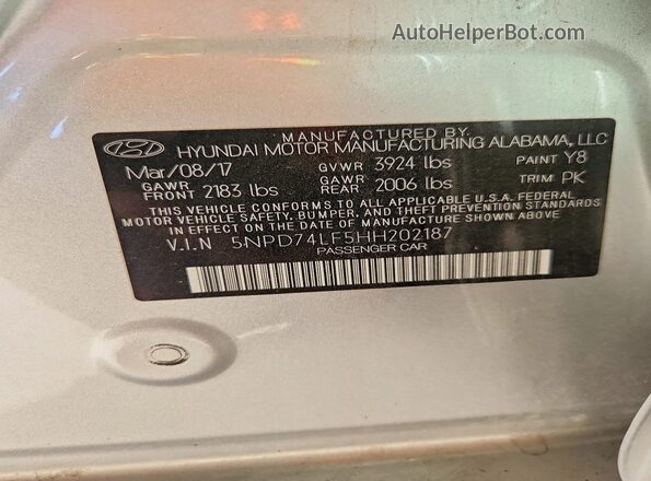 5NPD74LF5HH202187 2017 HYUNDAI ELANTRA Silver Vista del compartimento del motor