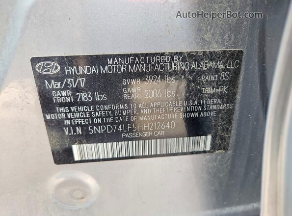 5NPD74LF5HH212640 2017 HYUNDAI ELANTRA Silver VIN կոդի պիտակի տեսք