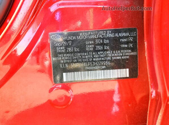 5NPD74LF5JH279986 2018 HYUNDAI ELANTRA Red Engine compartment view