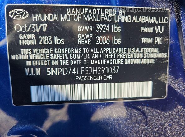 5NPD74LF5JH291037 2018 HYUNDAI ELANTRA Blue Vista del compartimento del motor