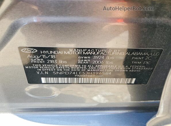 5NPD74LF5JH396564 2018 HYUNDAI ELANTRA Gray ძრავის განყოფილების ხედი
