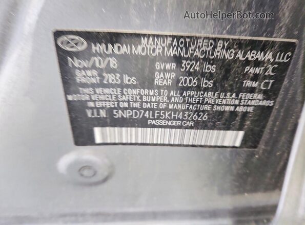 5NPD74LF5KH432626 2019 HYUNDAI ELANTRA Gray VIN sticker view