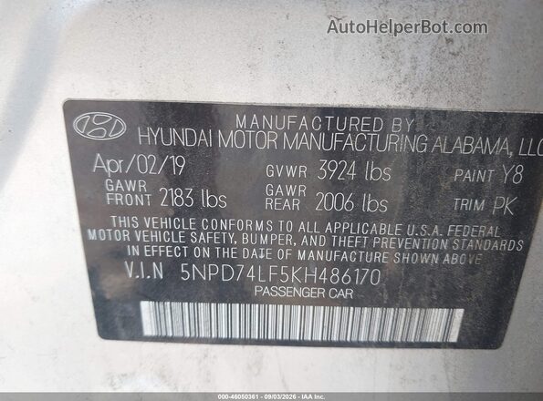 5NPD74LF5KH486170 2019 HYUNDAI ELANTRA Silver Widok komory silnika