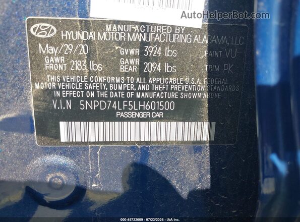 5NPD74LF5LH601500 2020 HYUNDAI ELANTRA Blue Вид підкапотного простору
