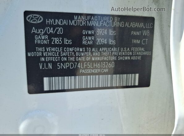5NPD74LF5LH613260 2020 HYUNDAI ELANTRA White Widok komory silnika