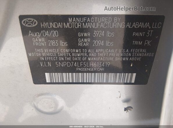 5NPD74LF5LH613419 2020 HYUNDAI ELANTRA Серебряный Вид подкапотного пространства