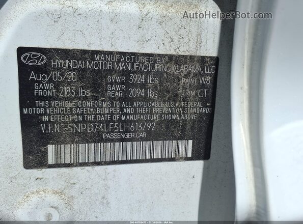 5NPD74LF5LH613792 2020 HYUNDAI ELANTRA White ძრავის განყოფილების ხედი