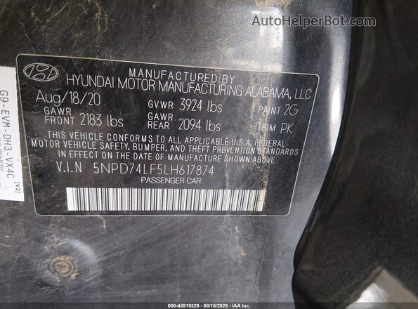5NPD74LF5LH617874 2020 HYUNDAI ELANTRA Gray ძრავის განყოფილების ხედი
