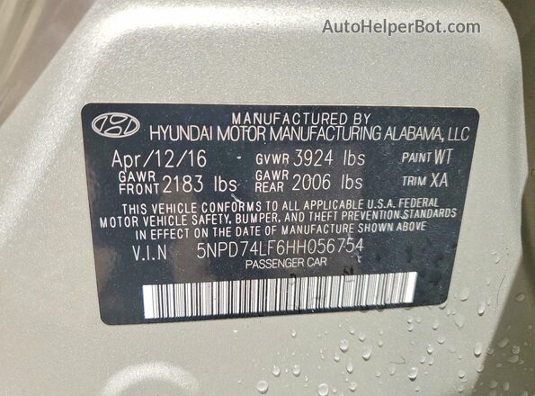 5NPD74LF6HH056754 2017 HYUNDAI ELANTRA Cream VIN sticker view