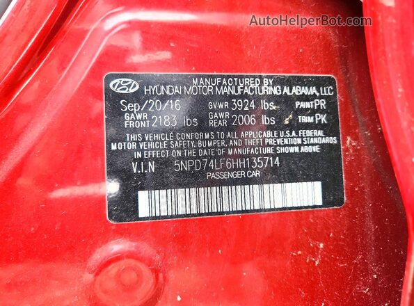 5NPD74LF6HH135714 2017 HYUNDAI ELANTRA Красный Вид наклейки с VIN-кодом