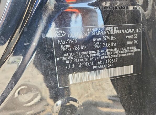 5NPD74LF6KH479647 2019 HYUNDAI ELANTRA Black ძრავის განყოფილების ხედი