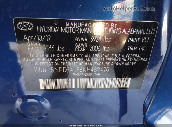 5NPD74LF6KH489420 2019 HYUNDAI ELANTRA Blue Вид підкапотного простору