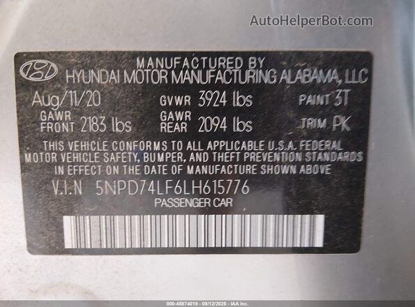 5NPD74LF6LH615776 2020 HYUNDAI ELANTRA Silver ძრავის განყოფილების ხედი