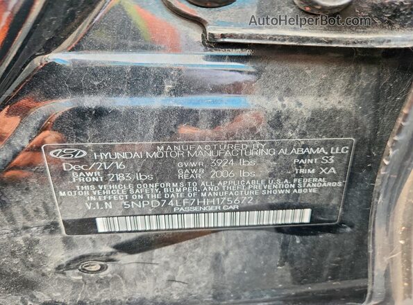 5NPD74LF7HH175672 2017 HYUNDAI ELANTRA Black Vista del compartimento del motor
