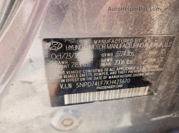 5NPD74LF7KH423670 2019 HYUNDAI ELANTRA Gray Вид наклейки з VIN-кодом