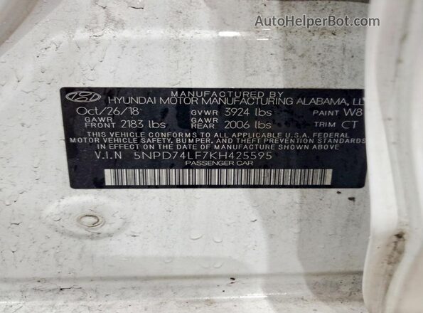 5NPD74LF7KH425595 2019 HYUNDAI ELANTRA White Widok komory silnika