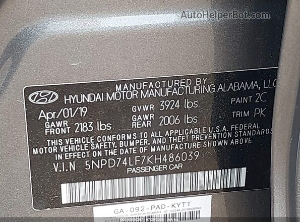 5NPD74LF7KH486039 2019 HYUNDAI ELANTRA Gray Engine compartment view