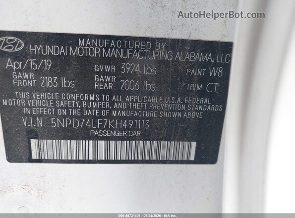 5NPD74LF7KH491113 2019 HYUNDAI ELANTRA White Engine compartment view
