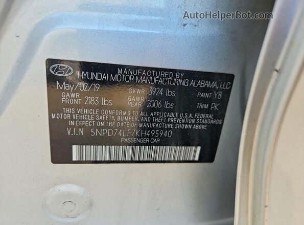 5NPD74LF7KH495940 2019 HYUNDAI ELANTRA Silver ძრავის განყოფილების ხედი